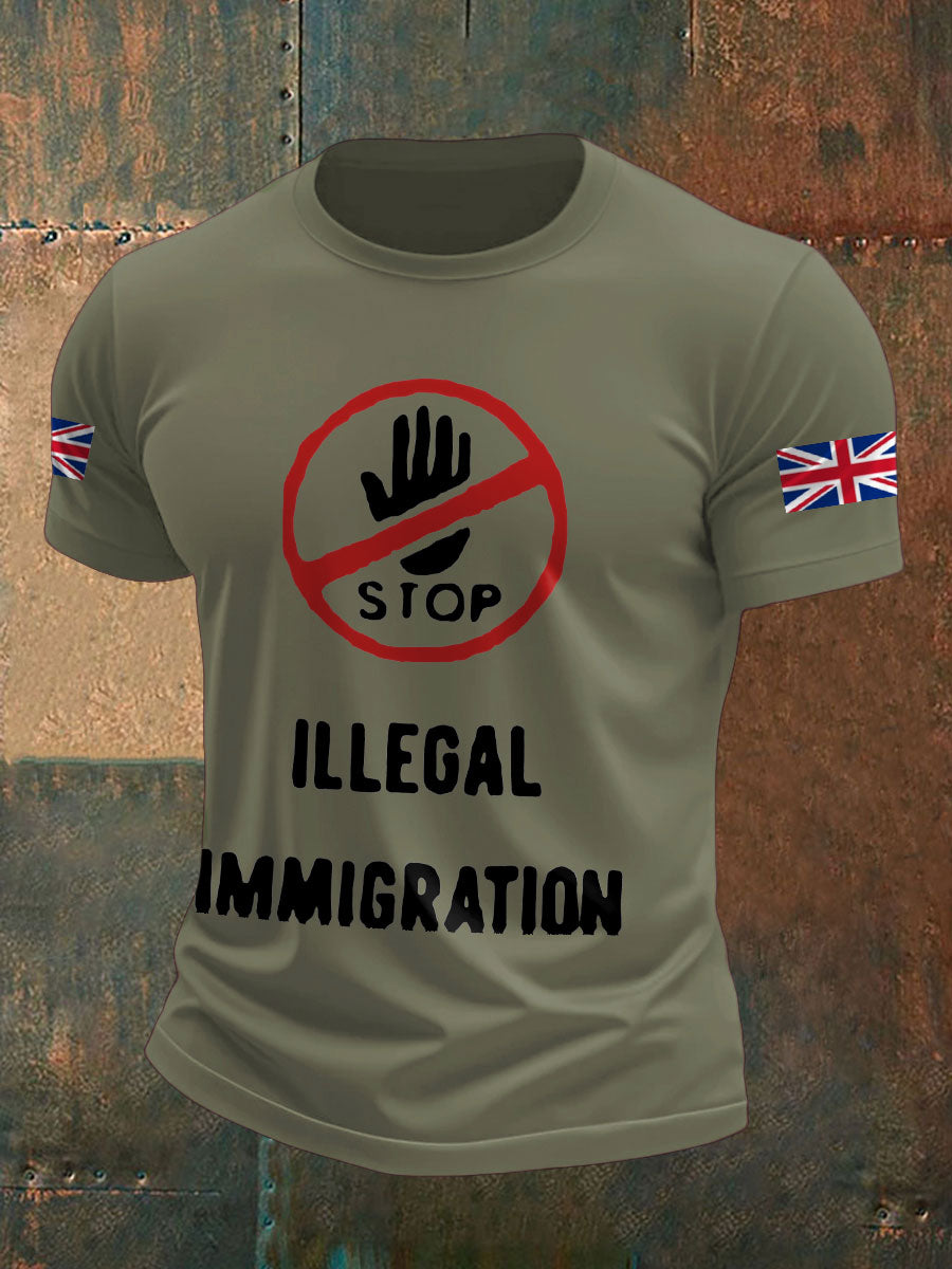 Men's UK Flag Stop Illegal Immigration Printed T-shirt