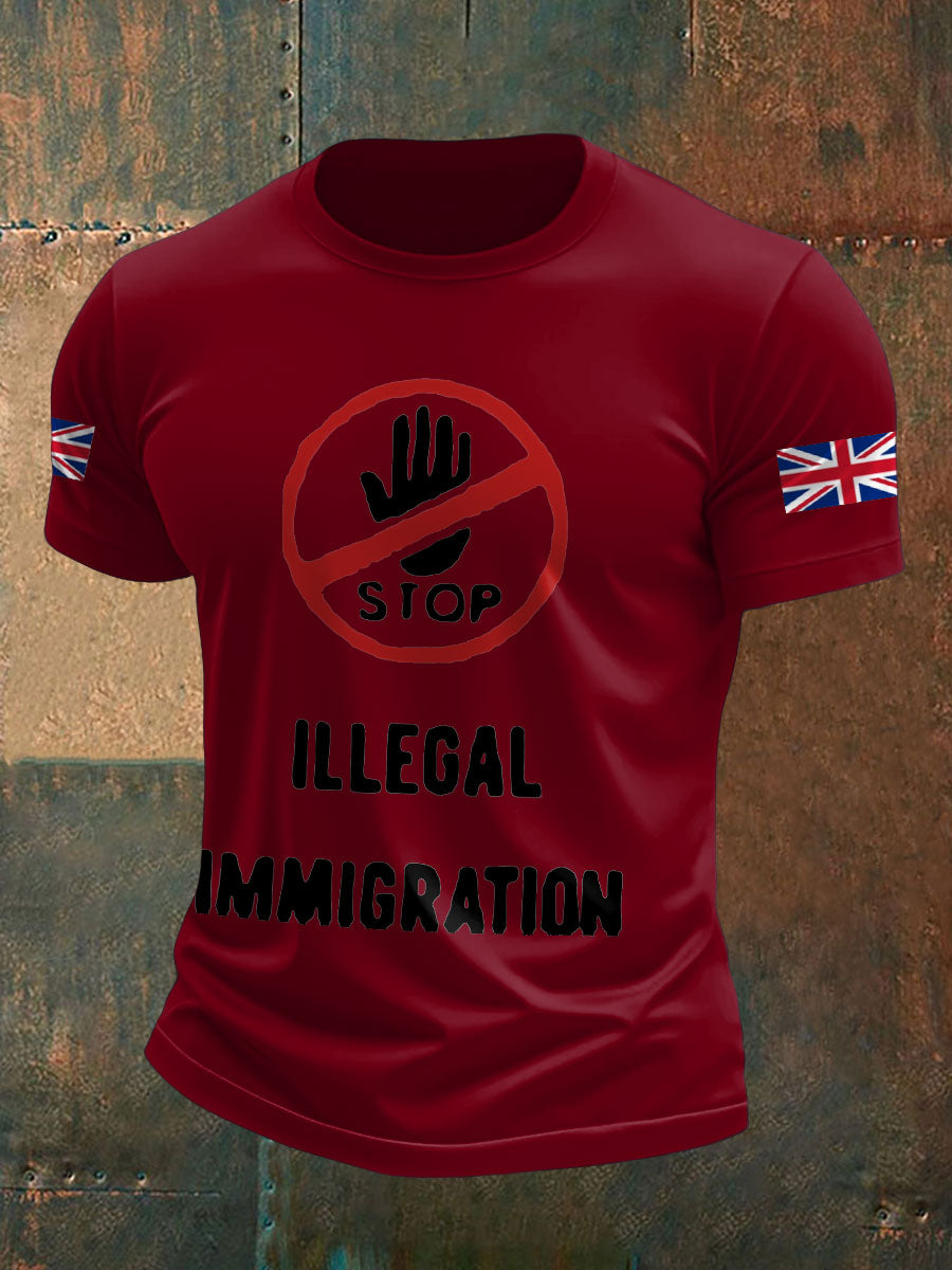 Men's UK Flag Stop Illegal Immigration Printed T-shirt