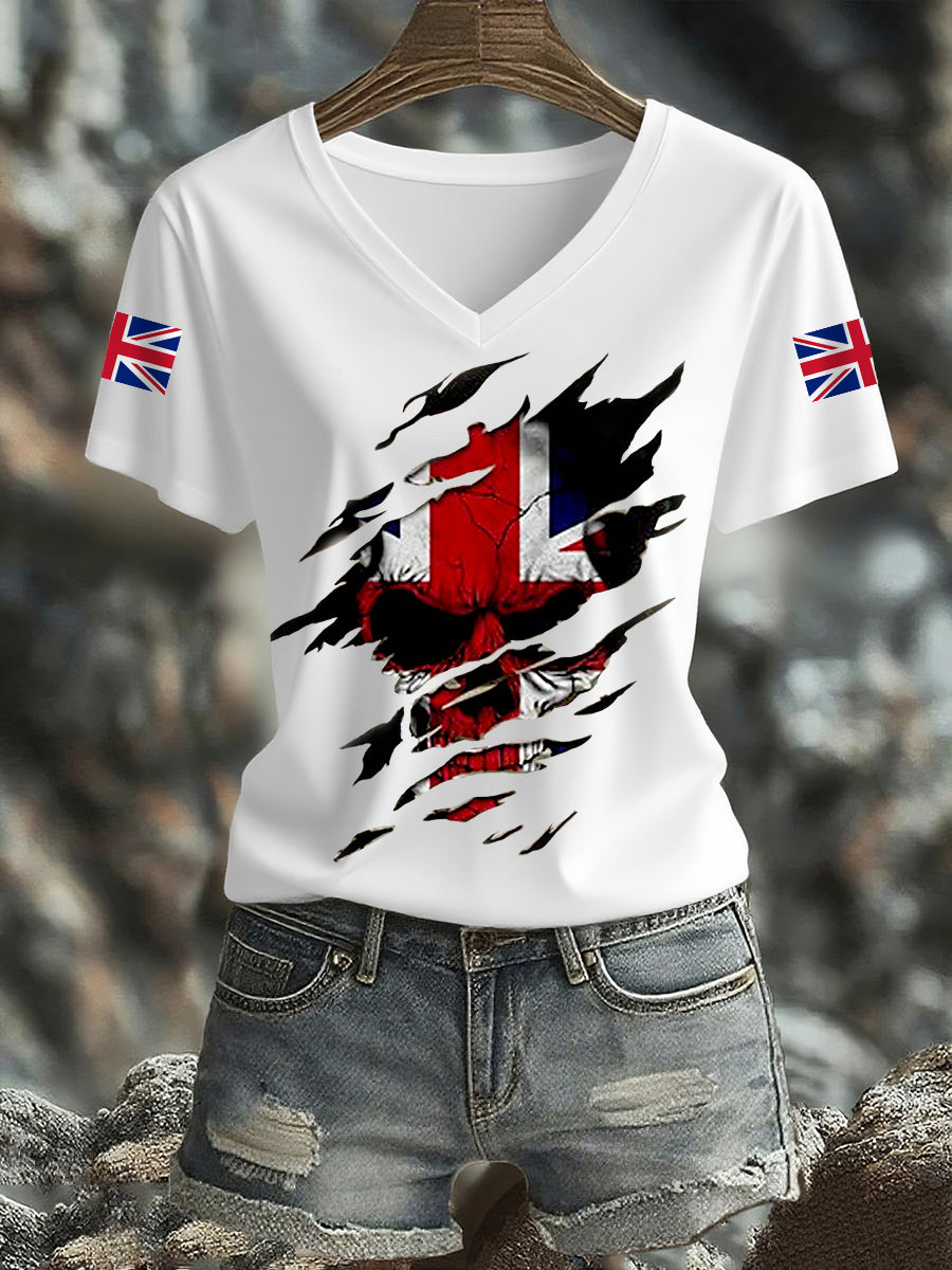 Women's UK Flag Skull Print Casual V-Neck Tee