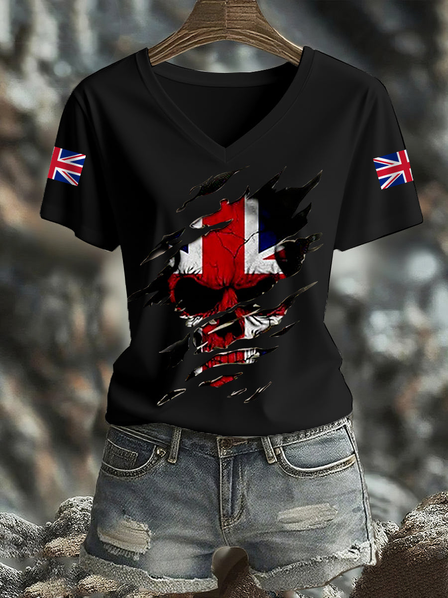 Women's UK Flag Skull Print Casual V-Neck Tee
