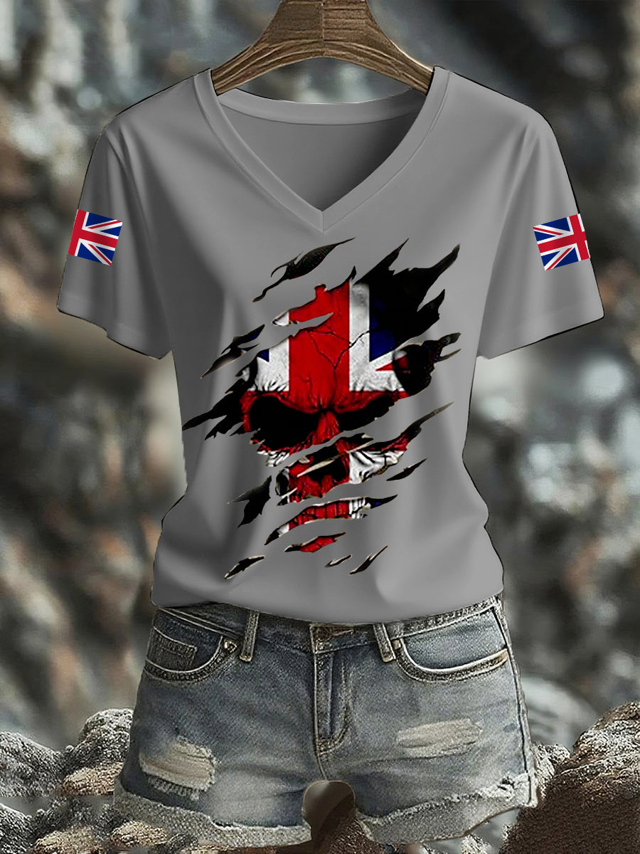 Women's UK Flag Skull Print Casual V-Neck Tee
