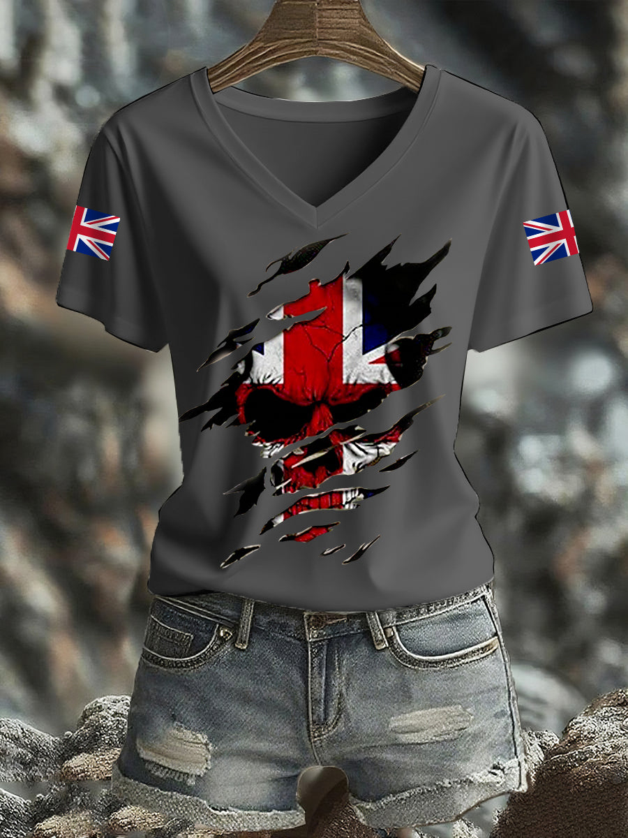 Women's UK Flag Skull Print Casual V-Neck Tee
