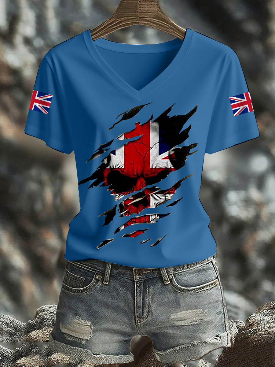 Women's UK Flag Skull Print Casual V-Neck Tee