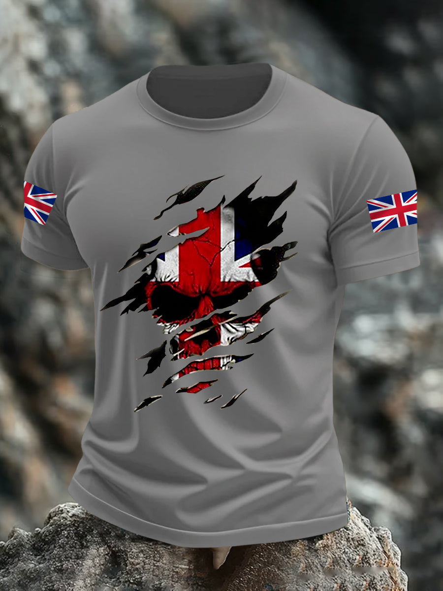 Men's UK Flag Skull Print Casual Tee