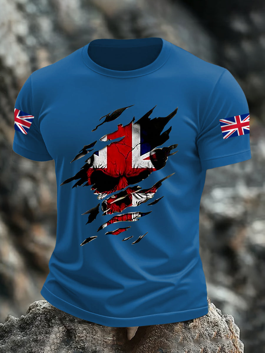 Men's UK Flag Skull Print Casual Tee