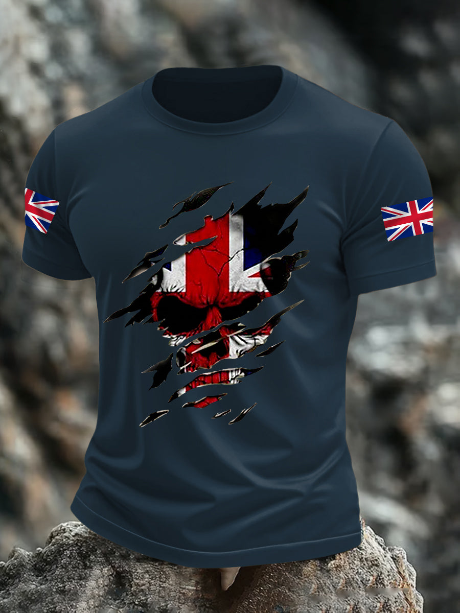 Men's UK Flag Skull Print Casual Tee