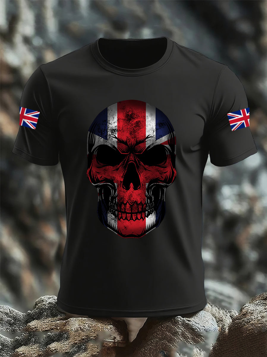 Men's UK Flag Skull Print Casual Tee