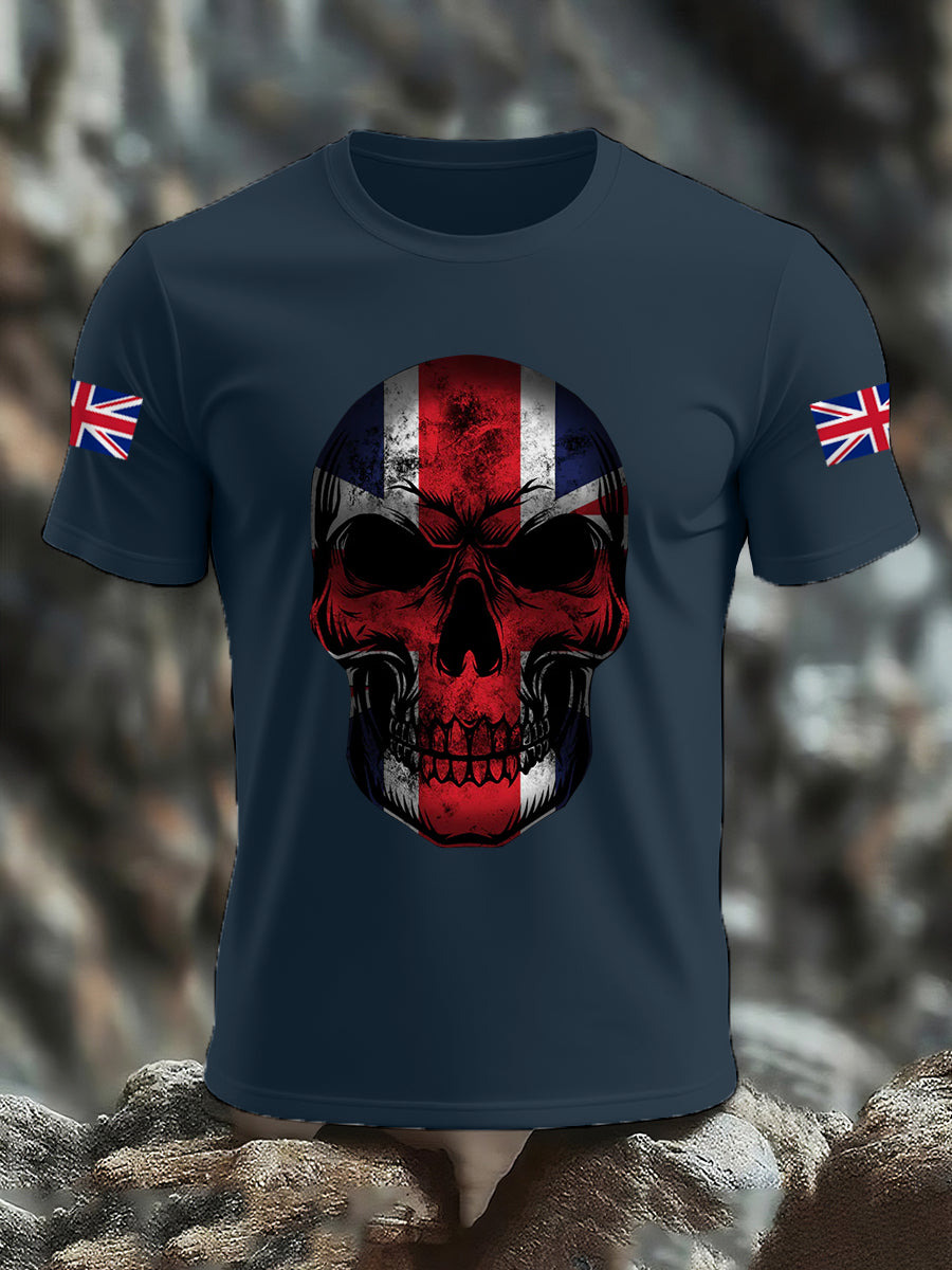 Men's UK Flag Skull Print Casual Tee