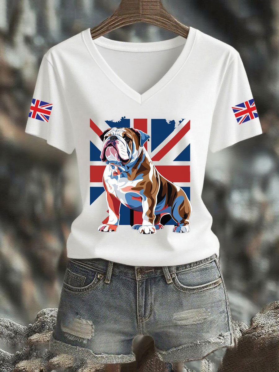 Women's Vintage England Flag Casual Printed V-neck T-Shirt