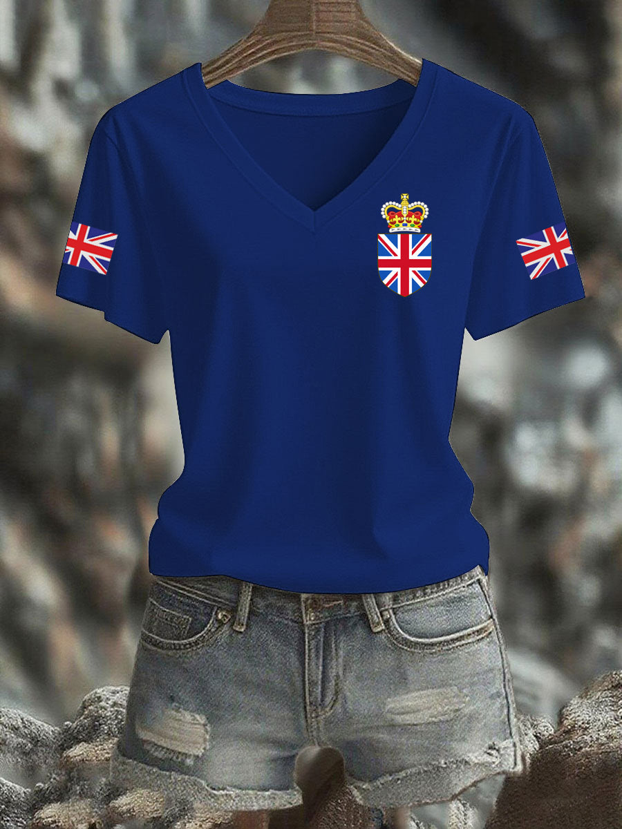 Women's Vintage England Flag Casual Printed V-neck T-Shirt