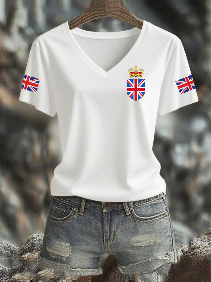 Women's Vintage England Flag Casual Printed V-neck T-Shirt