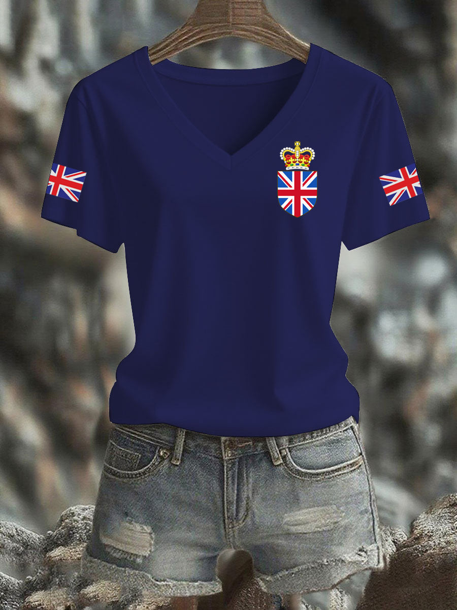 Women's Vintage England Flag Casual Printed V-neck T-Shirt