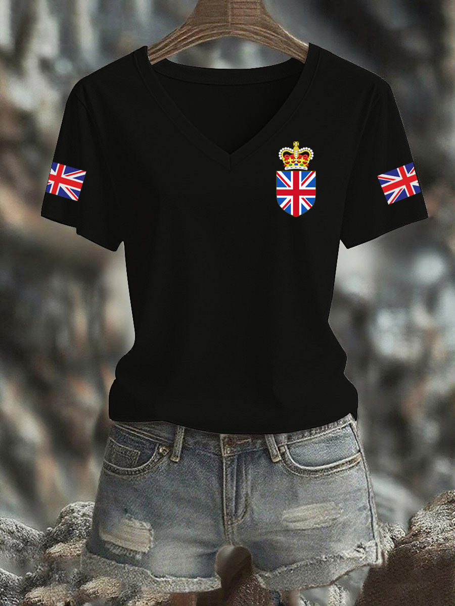 Women's Vintage England Flag Casual Printed V-neck T-Shirt