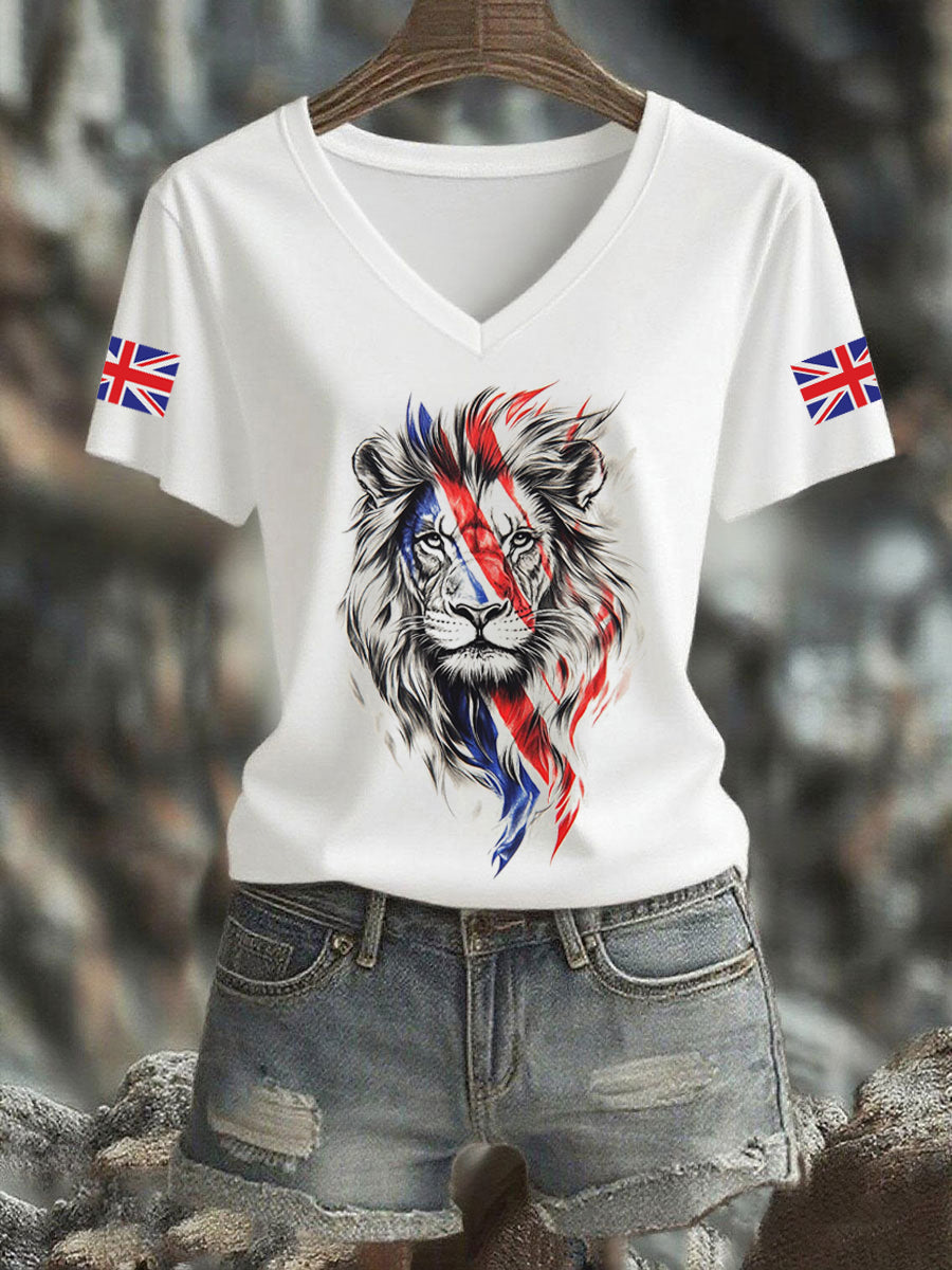 Women's Vintage England Flag Casual Printed V-neck T-Shirt