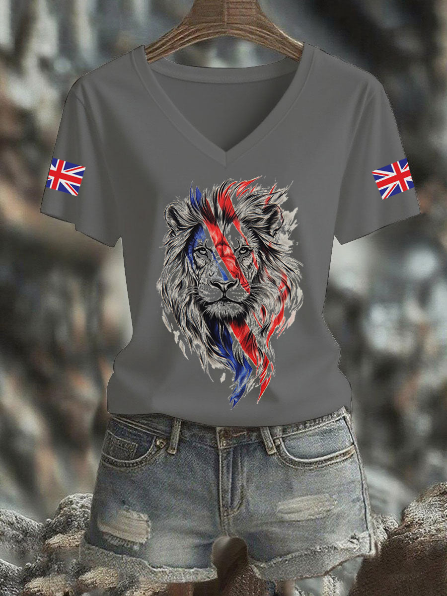Women's Vintage England Flag Casual Printed V-neck T-Shirt