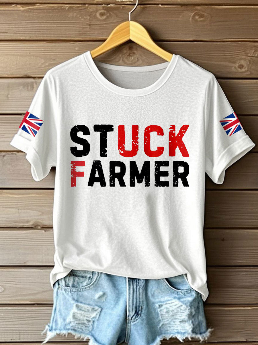 Women's UK Flag Stuck Farmer Funny Printed T-Shirt