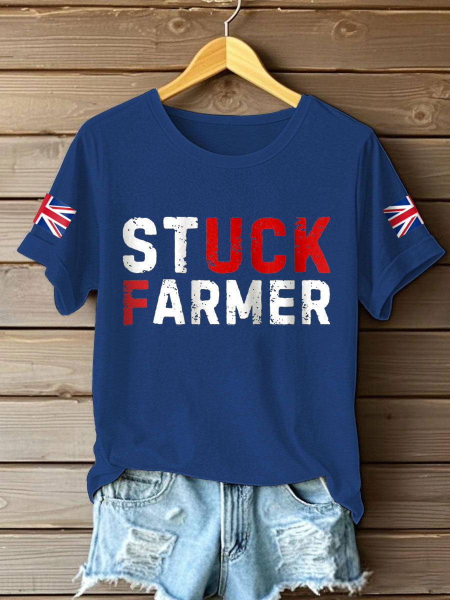 Women's UK Flag Stuck Farmer Funny Printed T-Shirt