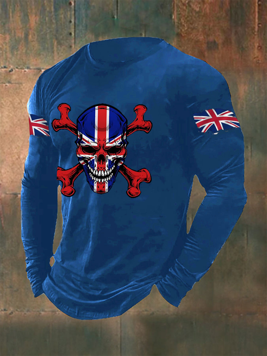 Men's UK Flag Skull Print Casual Long Sleeve T-Shirt