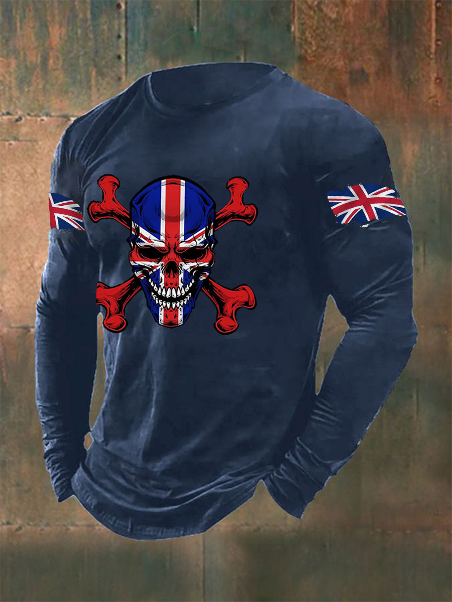 Men's UK Flag Skull Print Casual Long Sleeve T-Shirt