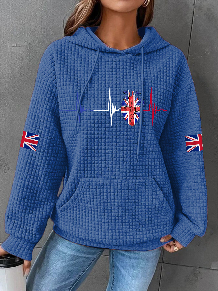 Women's UK Flag Heartbeat Print Casual Waffle Hoodie