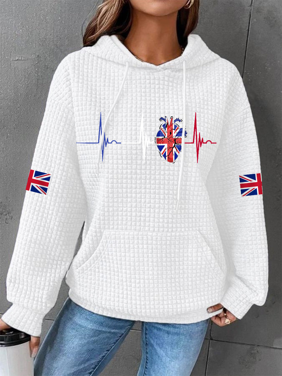 Women's UK Flag Heartbeat Print Casual Waffle Hoodie
