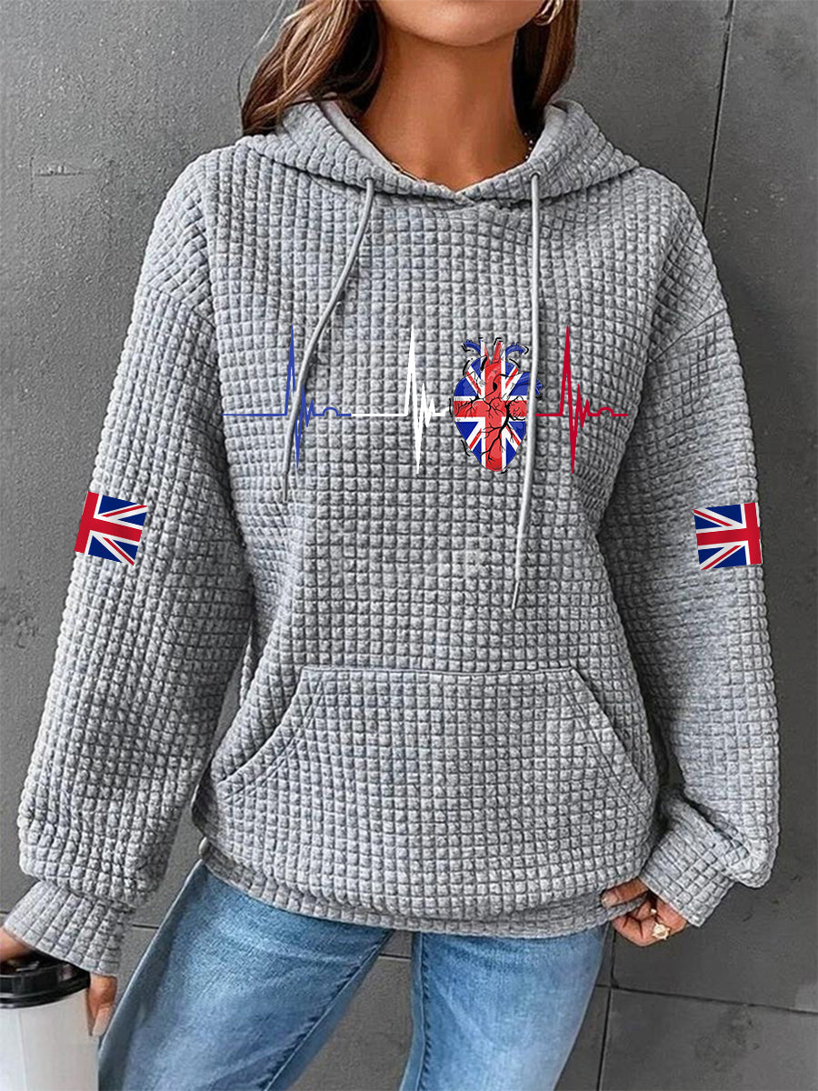 Women's UK Flag Heartbeat Print Casual Waffle Hoodie