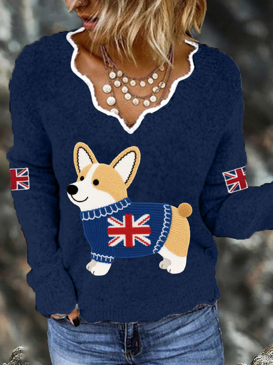 Women's Cute Corgi Union Jack Print Casual Long Sleeve Top