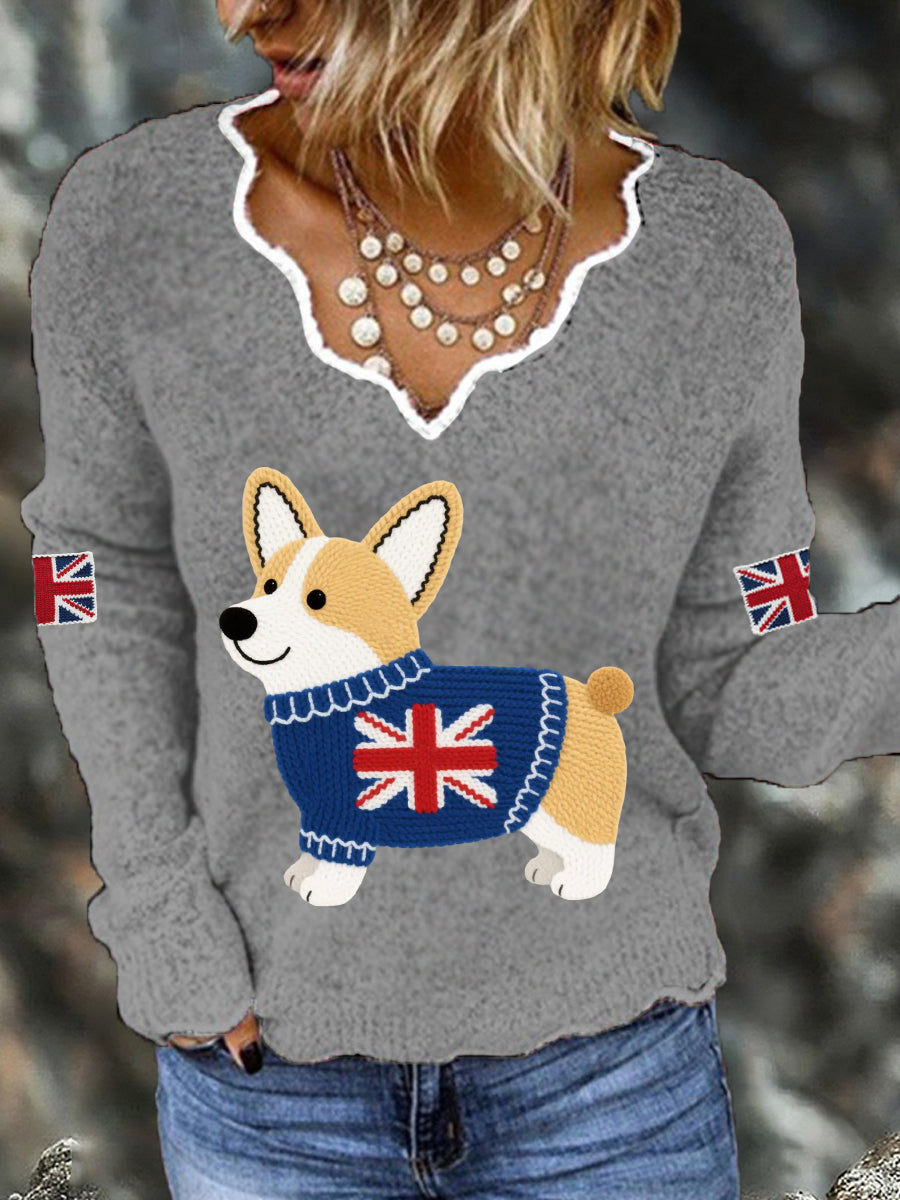 Women's Cute Corgi Union Jack Print Casual Long Sleeve Top