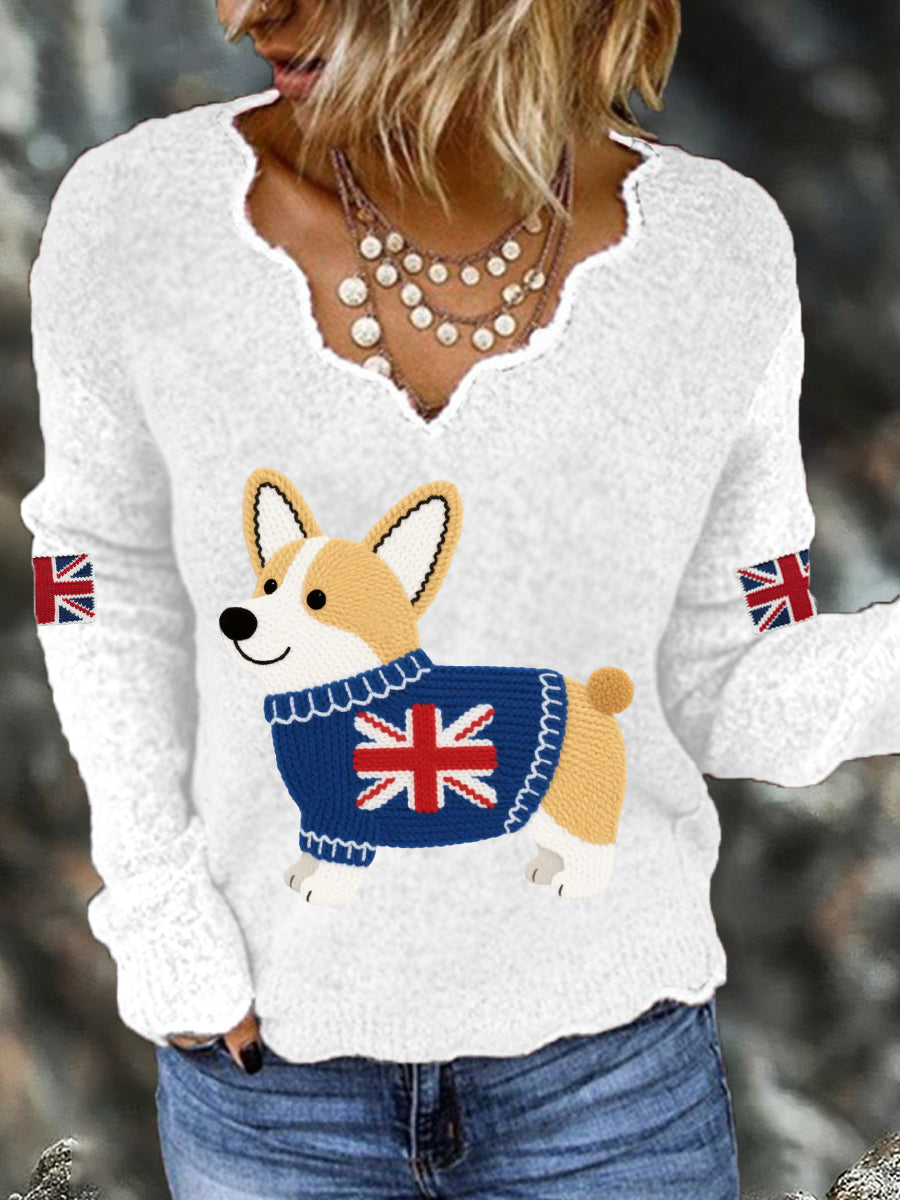 Women's Cute Corgi Union Jack Print Casual Long Sleeve Top