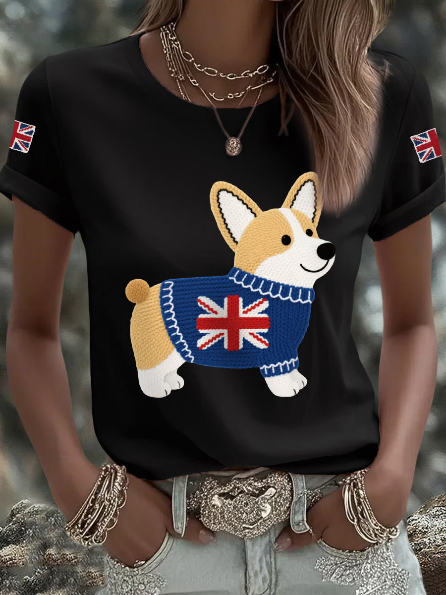 Women's Cute Corgi Union Jack Print Casual Tee