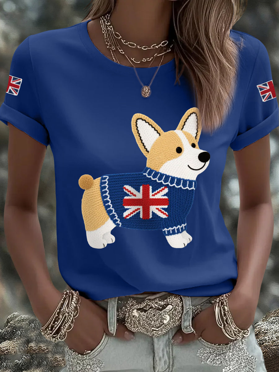 Women's Cute Corgi Union Jack Print Casual Tee
