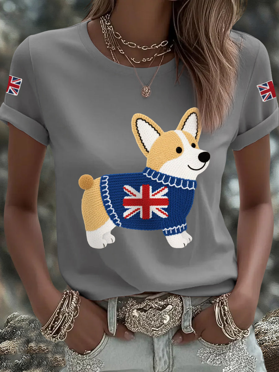 Women's Cute Corgi Union Jack Print Casual Tee