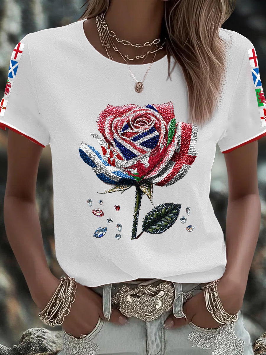 Women's UK Flag Art Rose Printed T-shirt