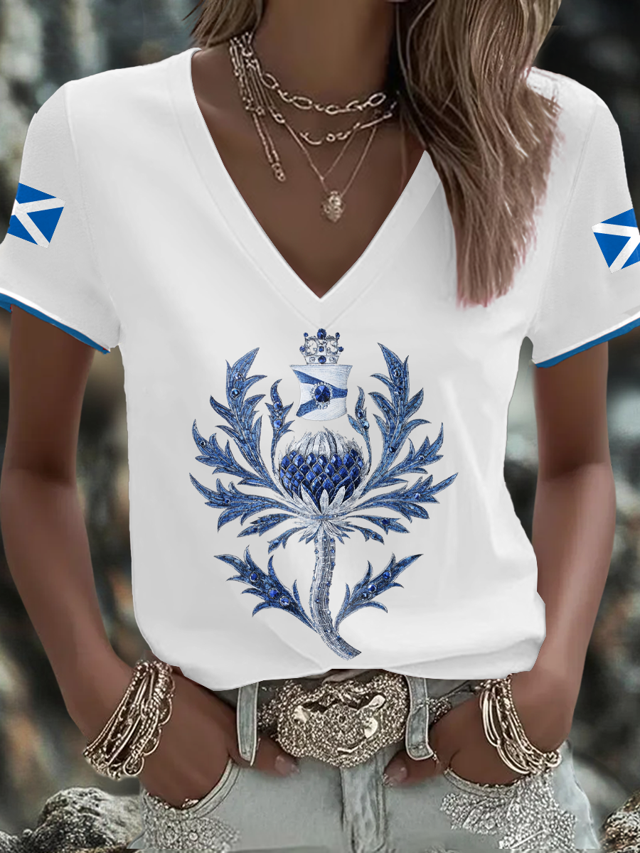 Women's Scotland Flag Art Thistle Printed T-shirt