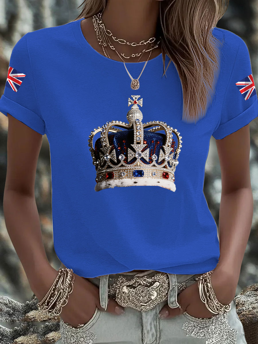 Women's British imitation diamond hot-drilling Printed Iron On Short Sleeve T-Shirt