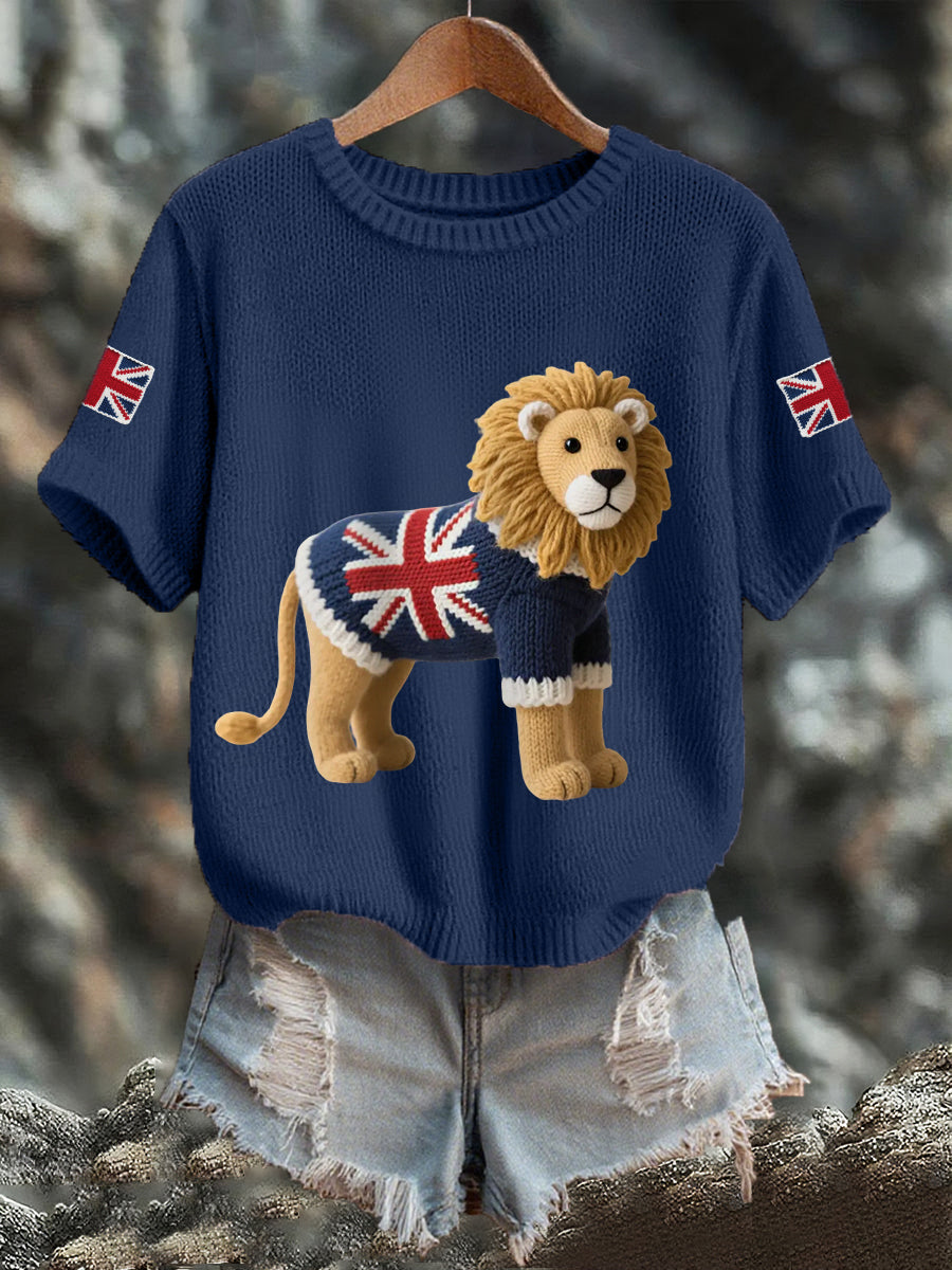 Women's Union Jack Lion Print Casual Tee