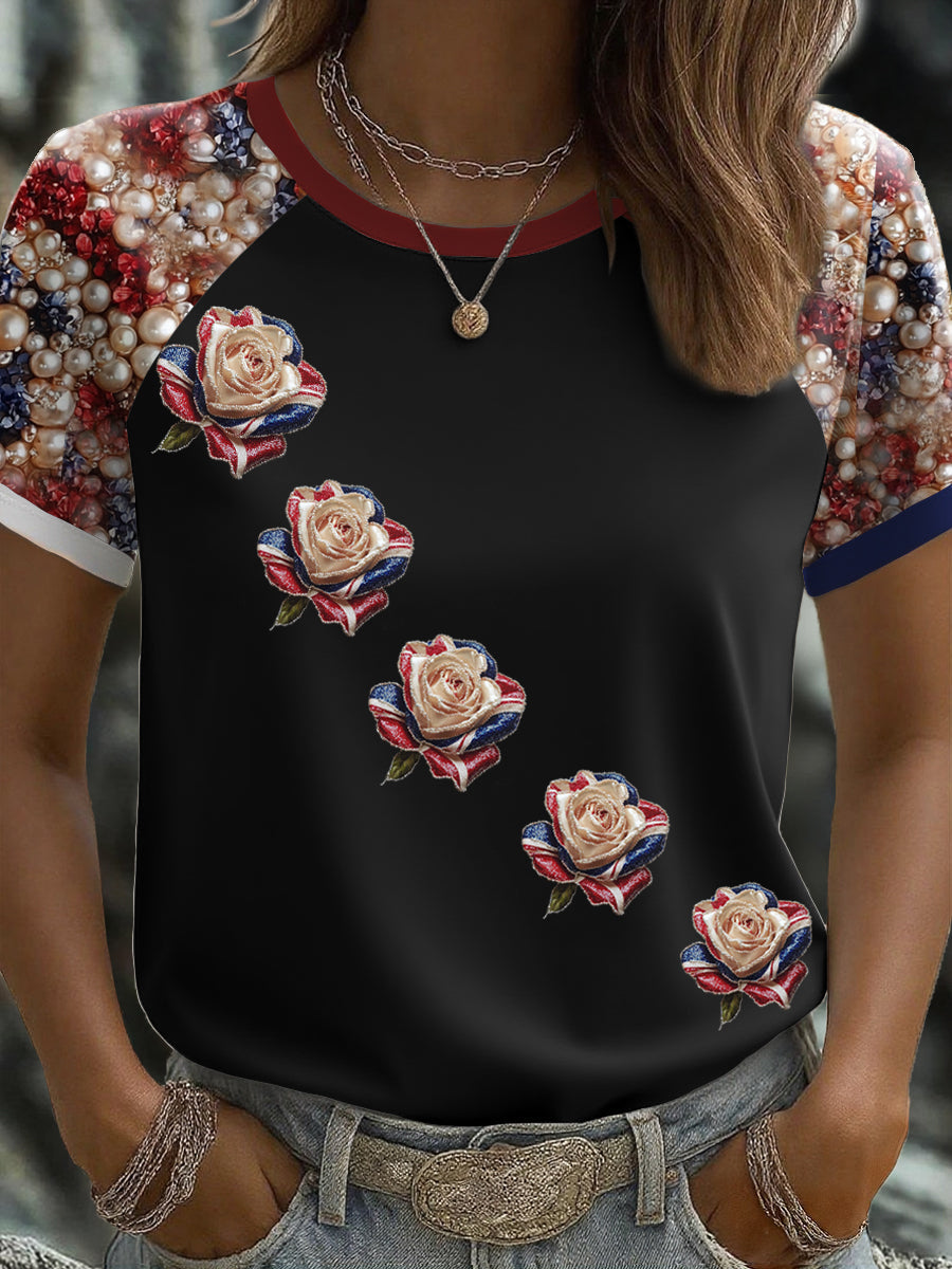 Women's UK Flag Rose Art Printed T-shirt