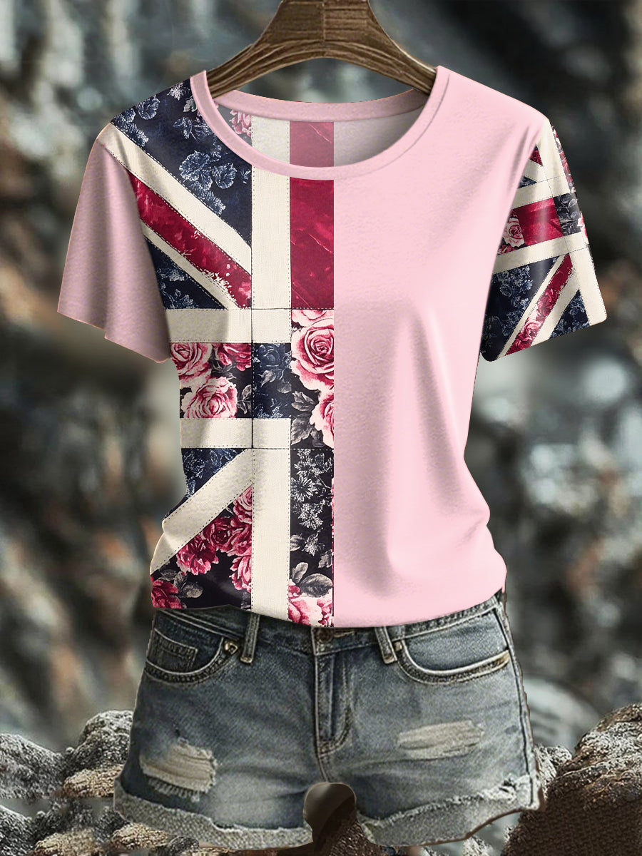 Women's UK Flag Floral Art Printed T-shirt