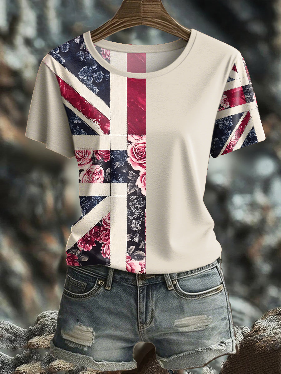 Women's UK Flag Floral Art Printed T-shirt