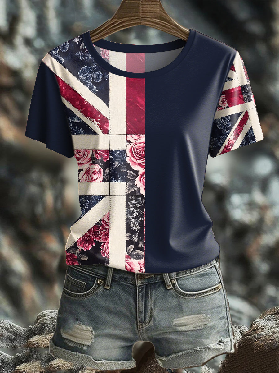 Women's UK Flag Floral Art Printed T-shirt