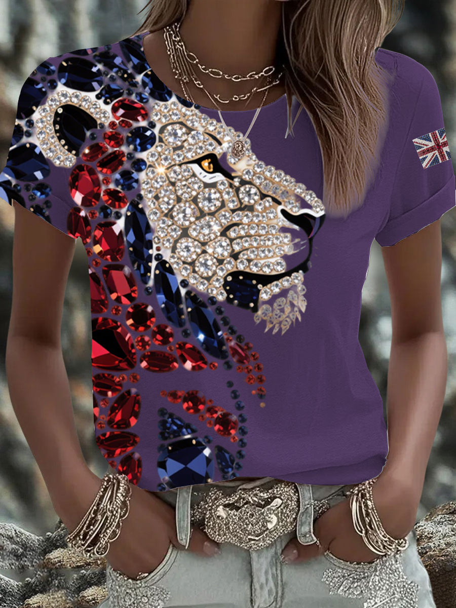Women's British imitation diamond hot-drilling Printed Iron On Short Sleeve T-Shirt