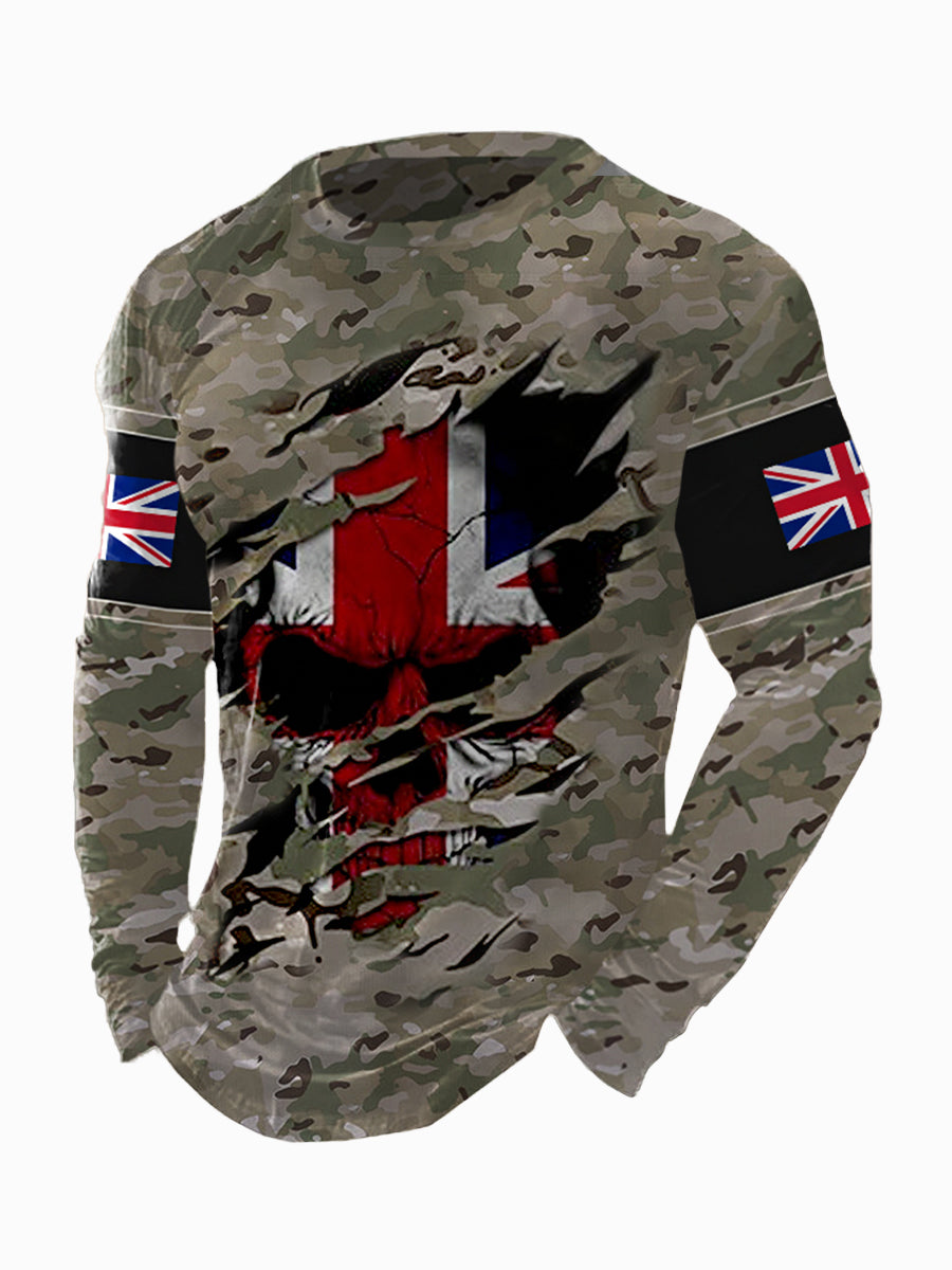 Men's UK Flag Camouflage Skull Print Casual Long-Sleeve T-Shirt