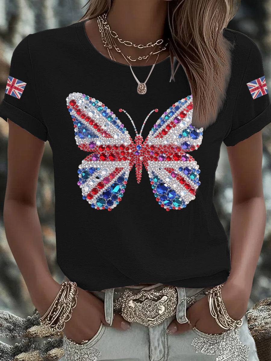 Women's British imitation diamond hot-drilling Printed Iron On Short Sleeve T-Shirt