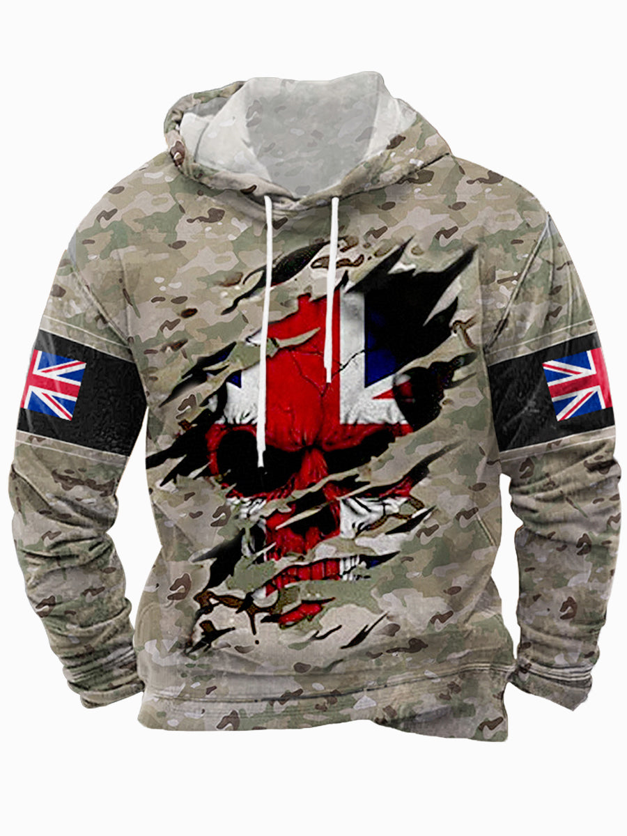 Men's UK Flag Camouflage Skull Print Casual Hoodie