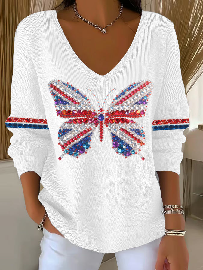 Women's British imitation diamond hot-drilling Printed Casual Top