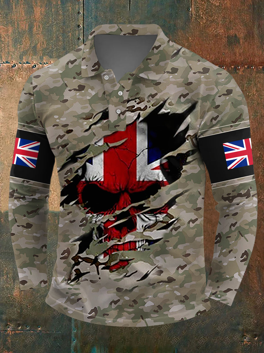 Men's UK Flag Camouflage Skull Print Casual Long-Sleeve Top