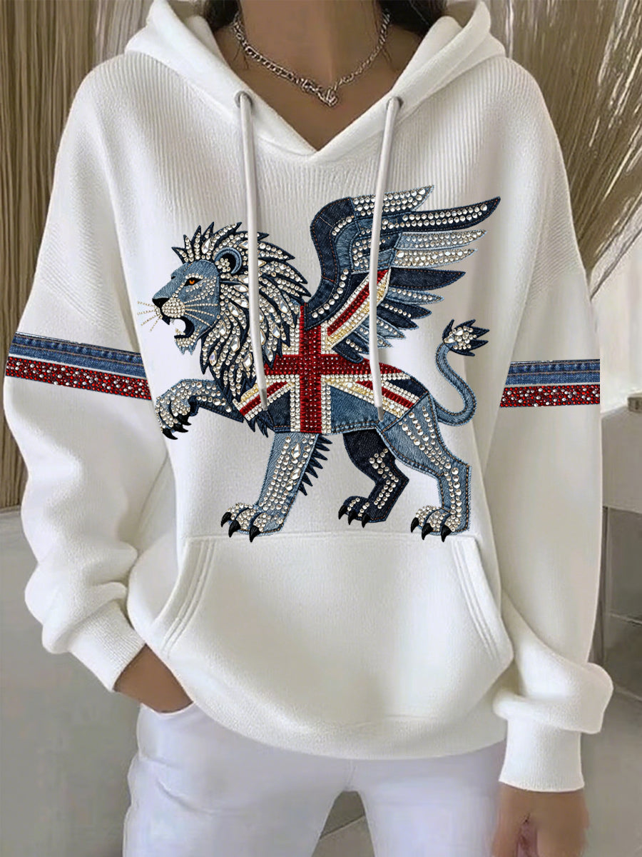 Women's British style imitation denim rhinestone hot-drill print casual hoodie