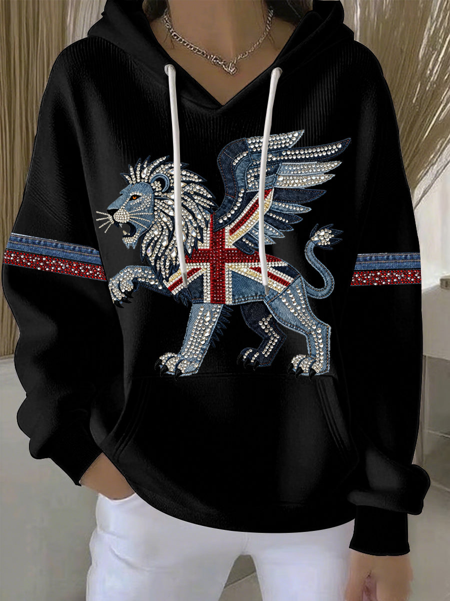 Women's British style imitation denim rhinestone hot-drill print casual hoodie