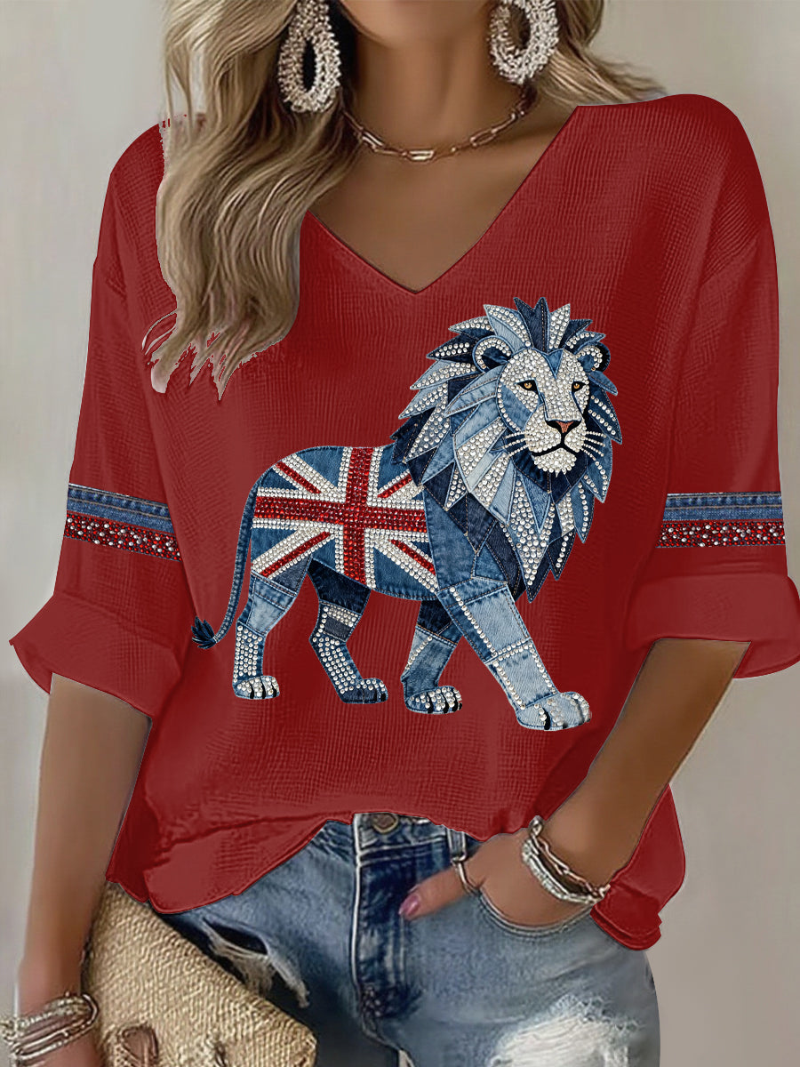 Women's British style imitation denim rhinestone hot-drill Printed Casual T-shirt