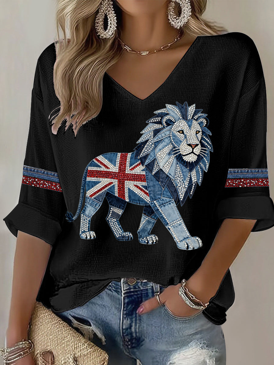 Women's British style imitation denim rhinestone hot-drill Printed Casual T-shirt